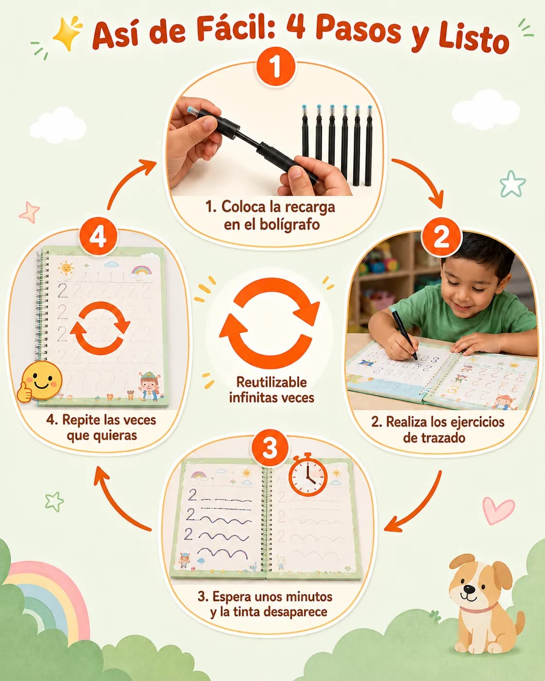 Cómo usar el cuaderno mágico: coloca la recarga, traza en el cuaderno, espera que la tinta desaparezca y repite
