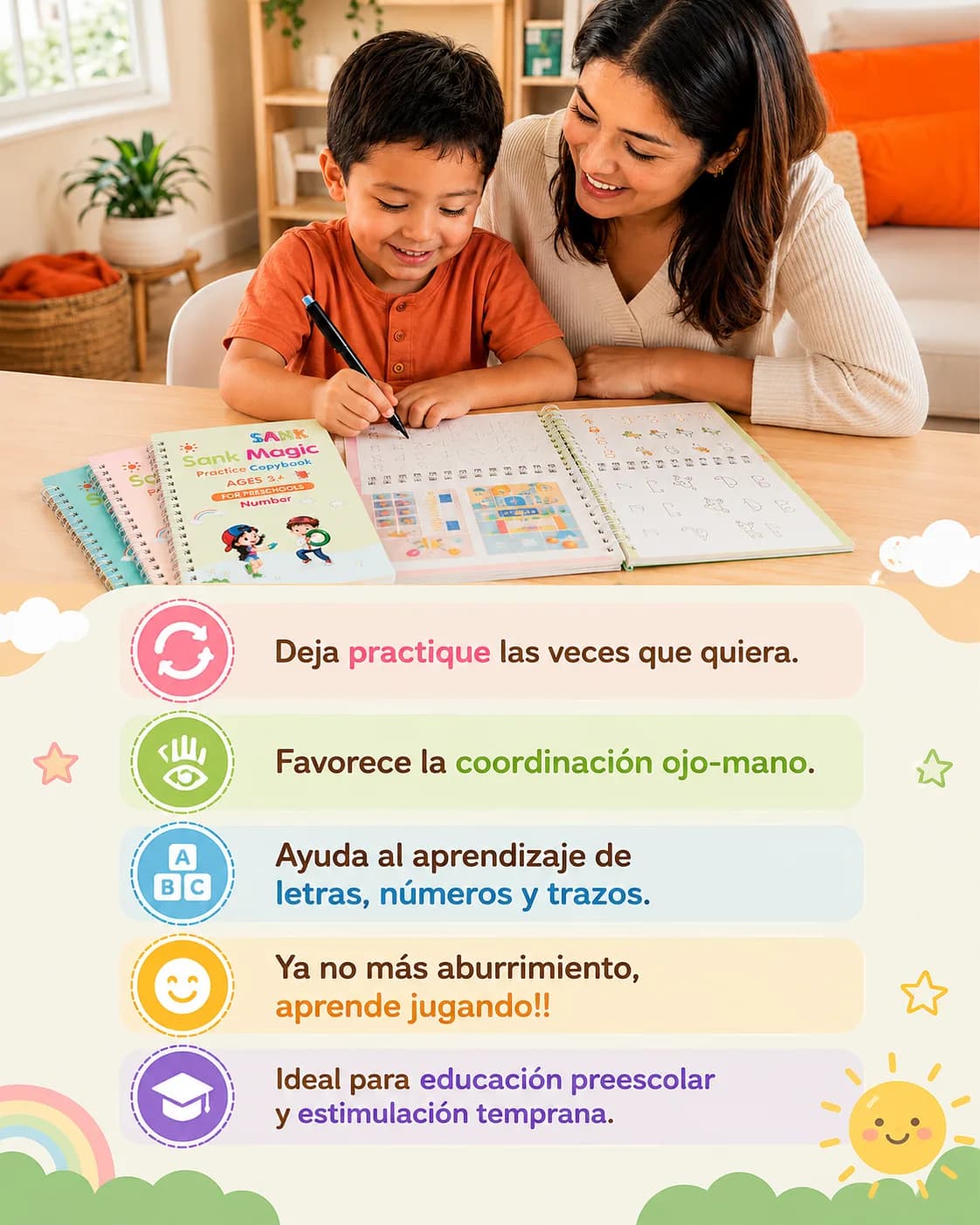 Beneficios del cuaderno mágico: reutilizable, favorece la coordinación ojo-mano, ayuda al aprendizaje de letras y números, ideal para preescolar